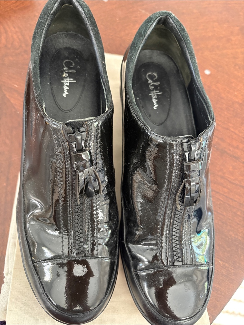 Cole Haan women’s Black Patent Leather Zip-Front Casual Shoes